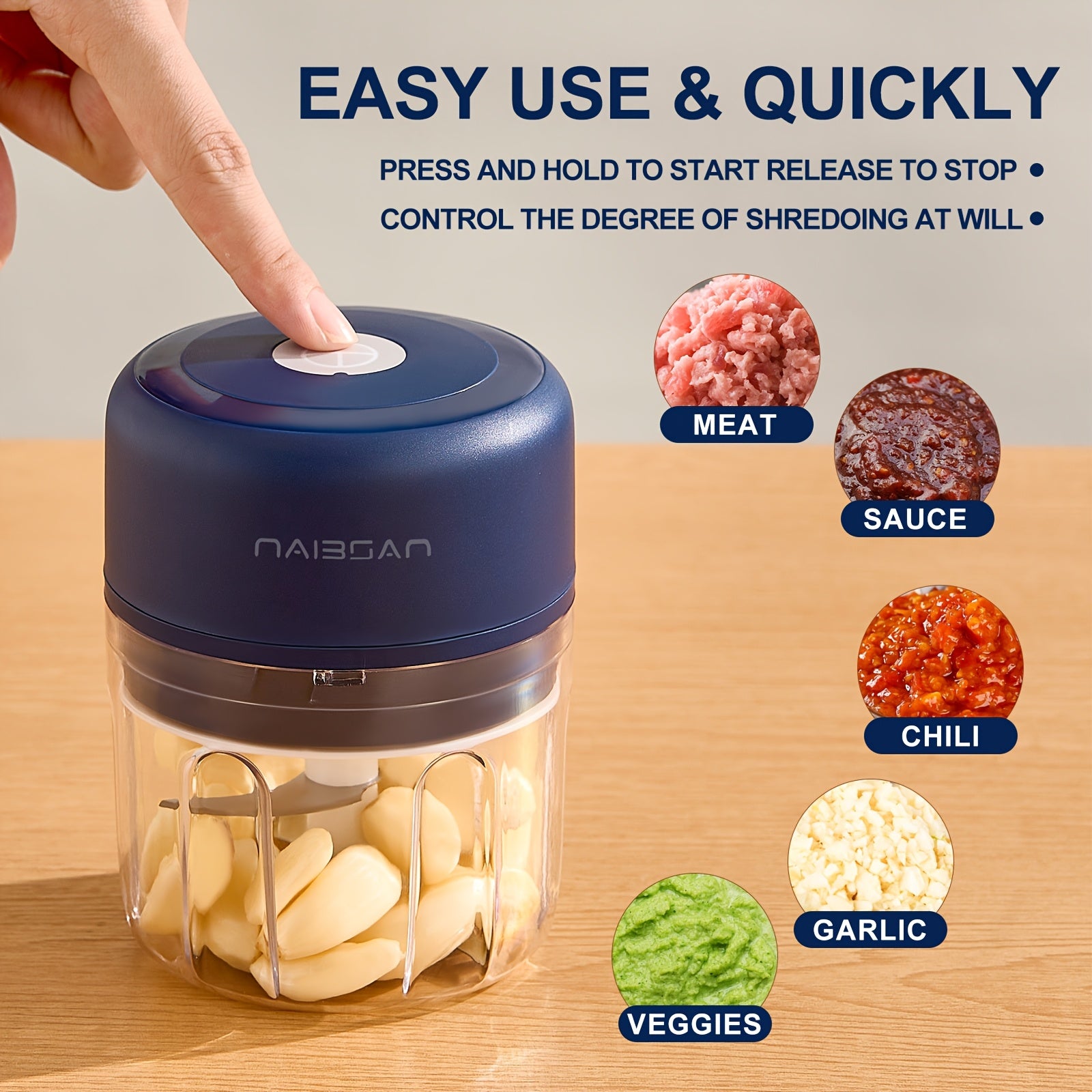 Naibsan Electric Food Shredder - Mini Meat Grinder, Garlic Puree Maker | Portable, 5000rpm, 251ml, USB Charging, Rechargeable Lithium Battery