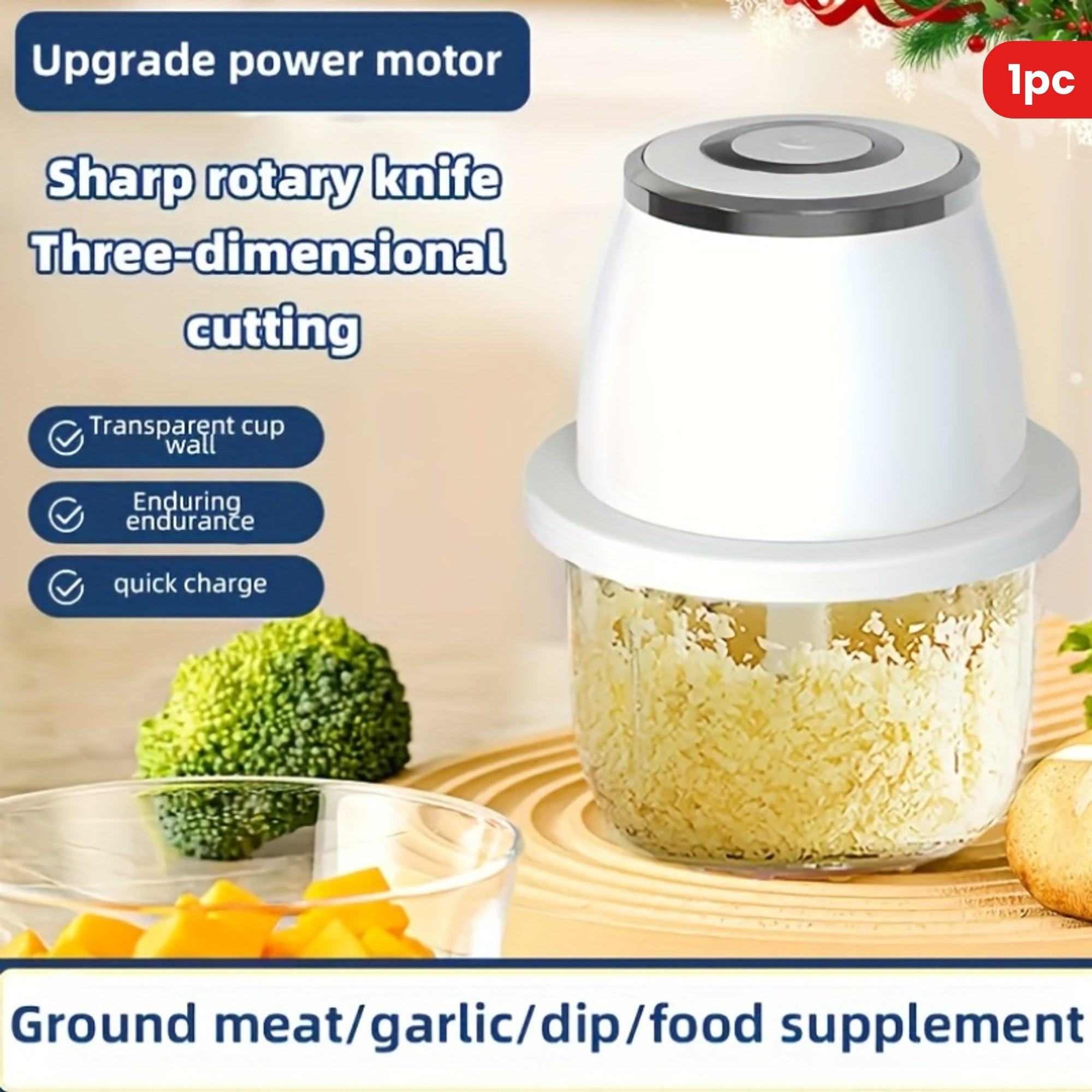 1pc Electric Garlic Beater, Multifunctional Mincer, Healthy Material, Three-layer Knife Post, Usb Charging, Multi-purpose Machine, Detachable Cleaning, Suitable For Making Seasoning Dip In The Kitchen, Home Cooking, Etc.