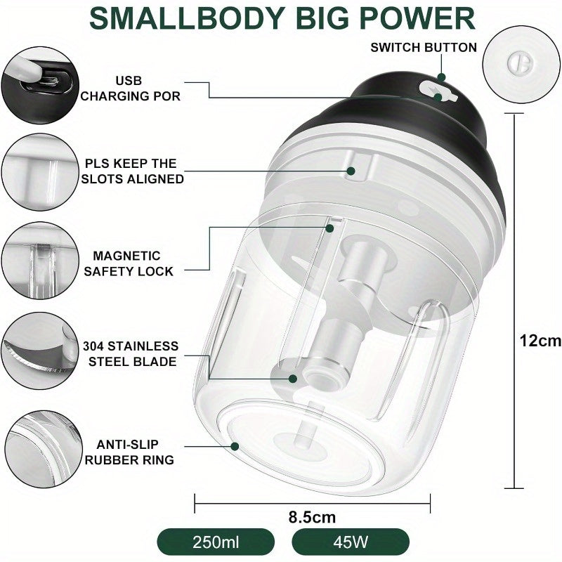 1-Touch Electric Garlic Chopper with USB-Powered Motor & 8.45oz Large Cup - 45W Powerful Mini Food Processor, Safety Lock, 304 Blade & BPA-Free PP Bowl, Compact Portable Design with Ergonomic Handle & One-Touch Operation for Garlic, Onion, Ginger, Chili,