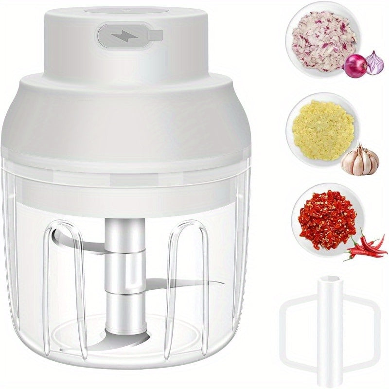 Electric Garlic Chopper 8.45oz with Egg Beater - USB-Powered Cordless Mini Food Processor, Portable Glass Blender for Garlic, Onion, Ginger, Chili & Veggies, One-Touch Operation, Compact Design with Ergonomic Lid & USB Charging, Easy-Clean Durable