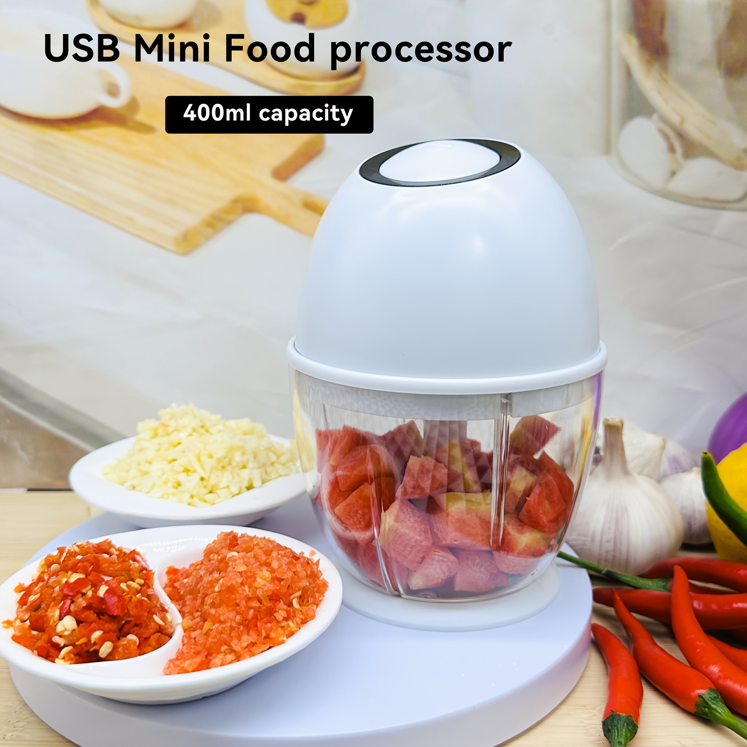 [Rechargeable Food Processor] 400Ml Rechargeable Electric Food Processor, Portable Meat Grinder & Vegetable Chopper | USB Rechargeable, Suitable for Vegetables, Ginger, Fruits, Purees, Etc., in White