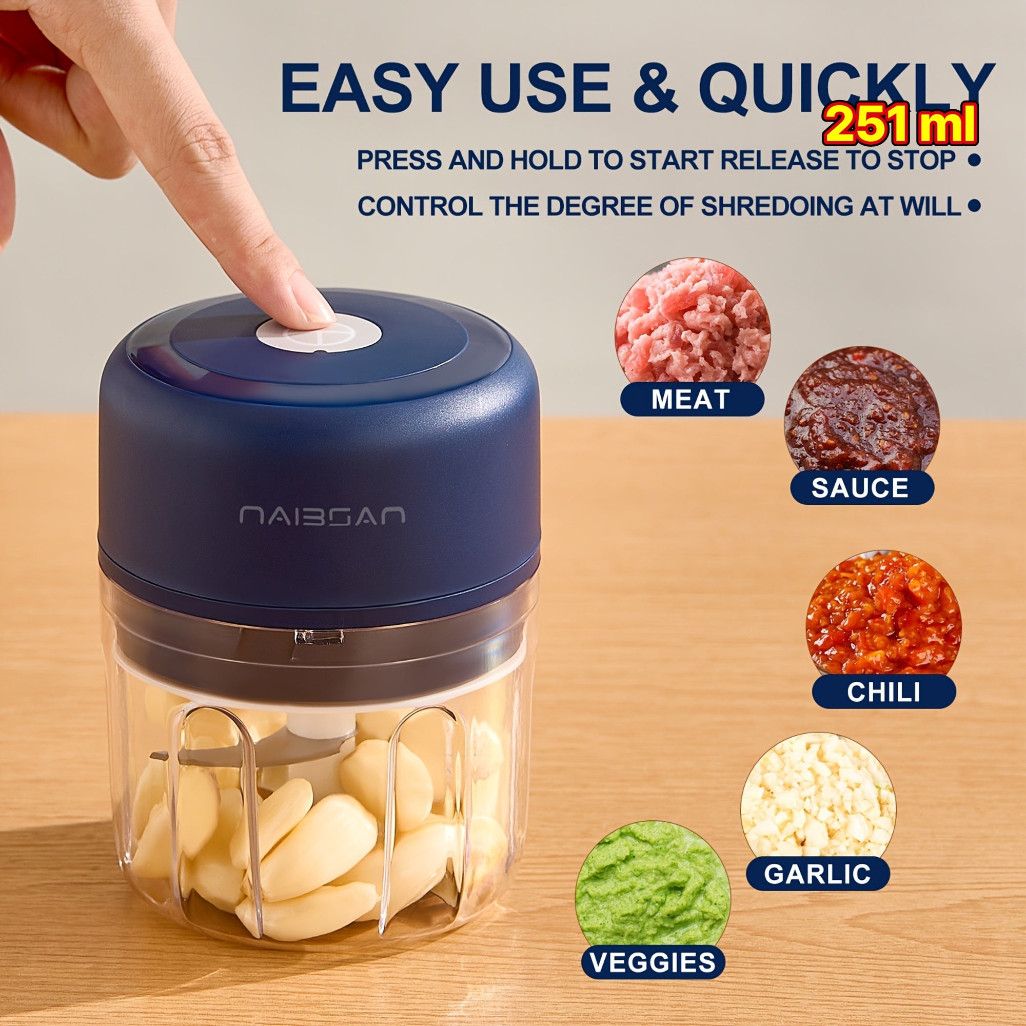 Naibsan Electric Food Shredder - Mini Meat Grinder, Garlic Puree Maker | Portable, 5000rpm, 251ml, USB Charging, Rechargeable Lithium Battery