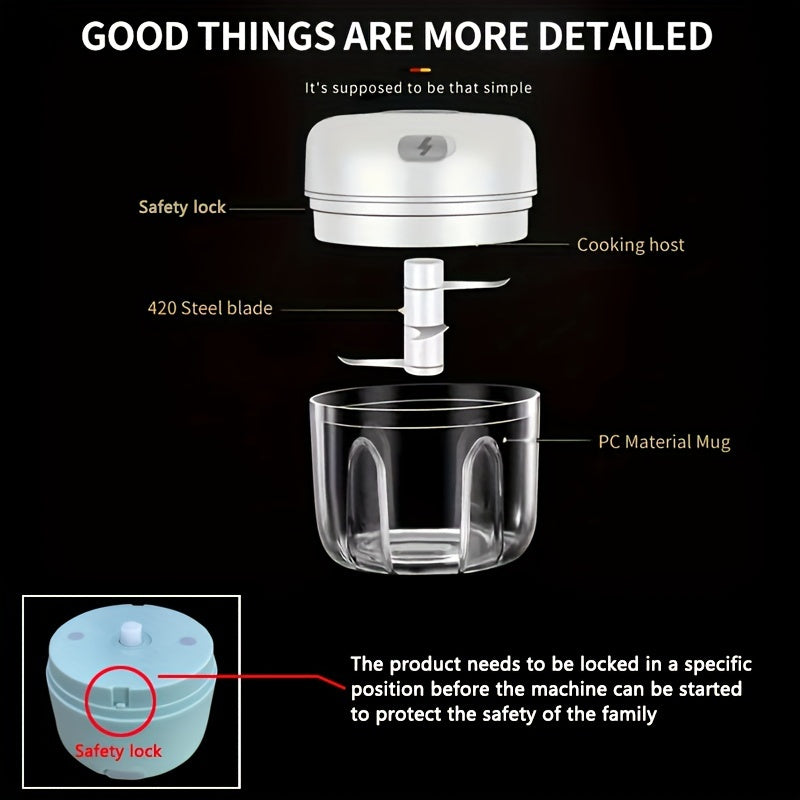 1pc COP ROSE 8.45oz Mini Electric Garlic Chopper & Meat Grinder - USB Rechargeable 20000 RPM Powerful Motor, Durable ABS Compact Design for Garlic, Chili, Onion, Meat, Nuts - Easy Clean Kitchen Gadget with Ergonomic Handle, Garlic Grinder, Food