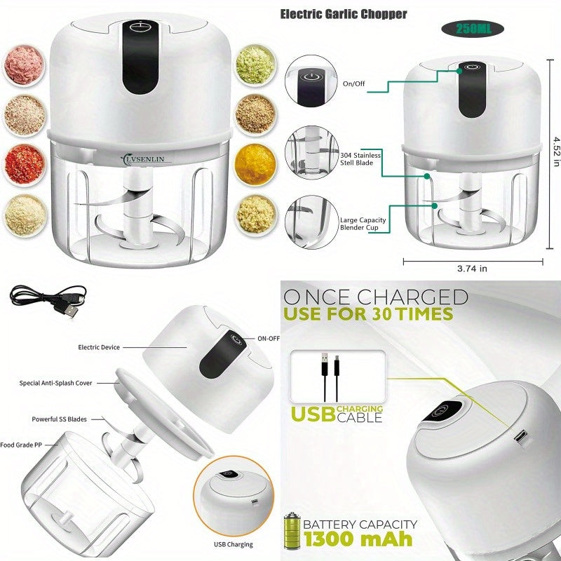 8.45oz Electric Garlic Chopper, a Compact And Portable Vegetable Grinder, Perfect for Chopping Garlic, Onions, And Blending Various Foods Like Ginger, Chili, And Meat., Food Processor Electric, Electric Food Chopper, Food Processor For Kitchen, Mini Food