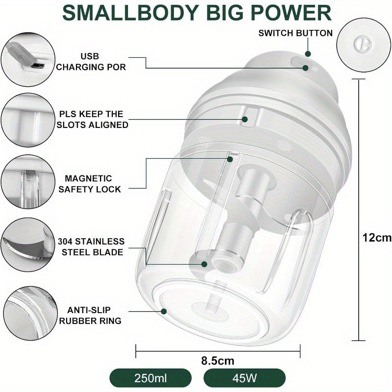 Electric Garlic Chopper 8.45oz with Egg Beater - USB-Powered Cordless Mini Food Processor, Portable Glass Blender for Garlic, Onion, Ginger, Chili & Veggies, One-Touch Operation, Compact Design with Ergonomic Lid & USB Charging, Easy-Clean Durable