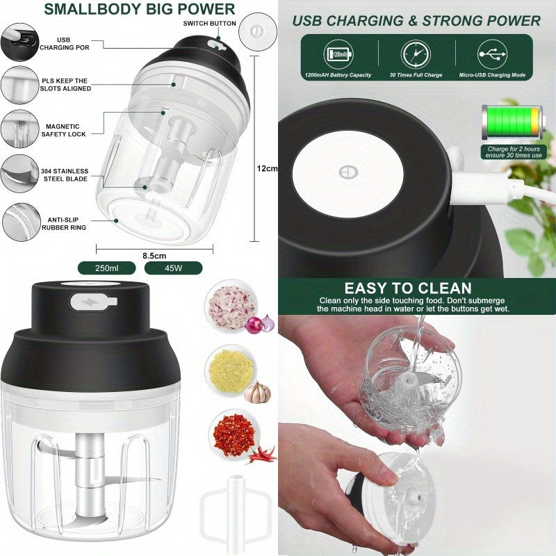 1-Touch Electric Garlic Chopper with USB-Powered 45W Motor & 8.45oz Large Cup - Compact Mini Food Processor with Safety Lock, Safety System, 304 Blade & BPA-Free PP Bowl - Portable for Garlic, Onion, Ginger, Chili, Meat, Nuts, Vegetables - 3-Hour Charge,