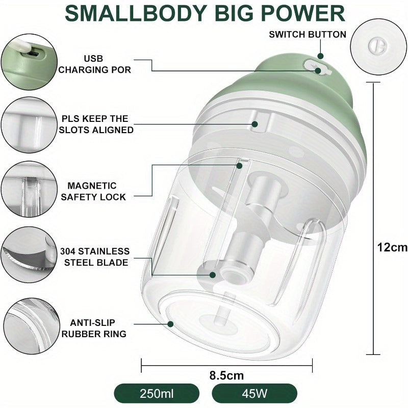 1-Touch Electric Garlic Chopper with USB-Powered Motor & 8.45oz Large Cup - 45W Powerful Mini Food Processor, Safety Lock, 304 Blade & BPA-Free PP Bowl, Compact Portable Design with Ergonomic Handle & One-Touch Operation for Garlic, Onion, Ginger, Chili,
