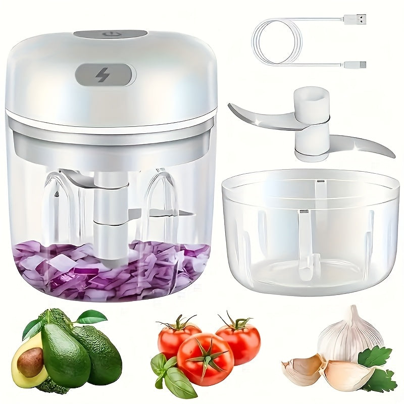 [1pc Electric Garlic Chopper] 1pc Portable USB Rechargeable Electric Garlic Chopper, Stainless Steel Blade, 250ml Capacity | Suitable for Kitchen, Picnic, Chopping Onion, Chili, Celery, Ginger