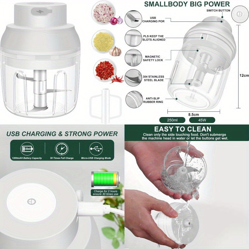 Electric Garlic Chopper 8.45oz with Egg Beater - USB-Powered Cordless Mini Food Processor, Portable Glass Blender for Garlic, Onion, Ginger, Chili & Veggies, One-Touch Operation, Compact Design with Ergonomic Lid & USB Charging, Easy-Clean Durable