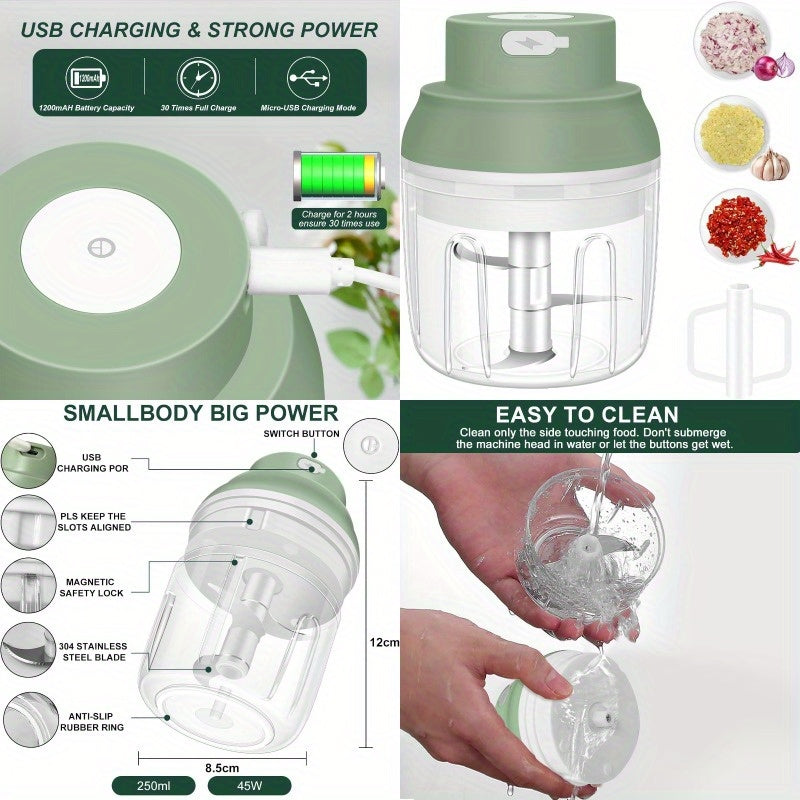 1-Touch Electric Garlic Chopper with USB-Powered Motor & 8.45oz Large Cup - 45W Powerful Mini Food Processor, Safety Lock, 304 Blade & BPA-Free PP Bowl, Compact Portable Design with Ergonomic Handle & One-Touch Operation for Garlic, Onion, Ginger, Chili,