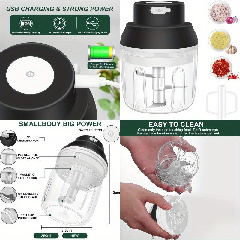 1-Touch Electric Garlic Chopper with USB-Powered Motor & 8.45oz Large Cup - 45W Powerful Mini Food Processor, Safety Lock, 304 Blade & BPA-Free PP Bowl, Compact Portable Design with Ergonomic Handle & One-Touch Operation for Garlic, Onion, Ginger, Chili,